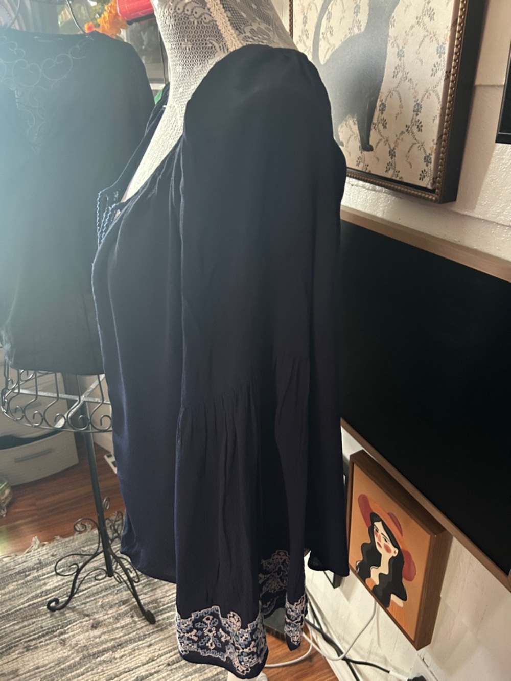 Karen Kane Navy Embroidered Peasant Tunic with Light Blue & White Accents